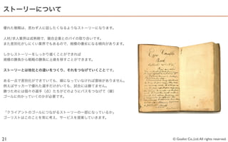 ストーリーについて

優れた戦略は、思わず人に話したくなるようなストーリーになります。


人材/求人業界は成熟期で、競合企業とのパイの取り合いです。
また差別化がしにくい業界でもあるので、規模の優劣になる傾向があります。


しかしストーリーをしっかり描くことができれば
規模の勝負から戦略の勝負に土俵を移すことができます。


ストーリーとは他社との違いをつくり、それをつなげていくことです。


ある一点で差別化ができていても、線になっていなければ意味がありません。
例えばサッカーで優れた選手だけがいても、試合には勝てません。
勝つためには個々の選手（点）たちがどのようにパスをつなげて（線）
ゴールに向かっていくのかが必要です。



「クライアントのゴールにつながるストーリーの一部になっているか」
ゴーリストはこのことを常に考え、サービスを提案していきます。




21                                    © Goalist Co.,Ltd. All rights reserved.
 