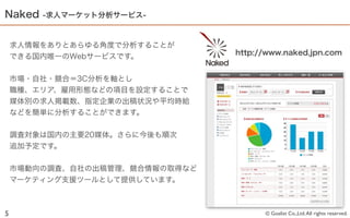 Naked   -求人マーケット分析サービス-



    求人情報をありとあらゆる角度で分析することが
                                http://www.naked.jpn.com
    できる国内唯一のWebサービスです。


    市場・自社・競合＝3C分析を軸とし
    職種、エリア、雇用形態などの項目を設定することで
    媒体別の求人掲載数、指定企業の出稿状況や平均時給
    などを簡単に分析することができます。


    調査対象は国内の主要20媒体。さらに今後も順次
    追加予定です。


    市場動向の調査、自社の出稿管理、競合情報の取得など
    マーケティング支援ツールとして提供しています。



5                                     © Goalist Co.,Ltd. All rights reserved.
 