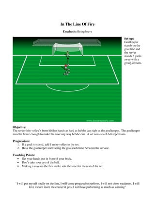 In The Line Of Fire
Emphasis: Being brave
Set-up:
Goalkeeper
stands on the
goal line and
the server
stands 6 yards
away with a
group of balls.
Objective:
The server hits volley’s from his/her hands as hard as he/she can right at the goalkeeper. The goalkeeper
must be brave enough to make the save any way he/she can. A set consists of 6-8 repetitions.
Progressions:
1. If a goal is scored, add 1 more volley to the set.
2. Have the goalkeeper start facing the goal each time between the service.
Coaching Points:
• Get your hands out in front of your body.
• Don’t take your eye of the ball.
• Making a save on the first strike sets the tone for the rest of the set.
“I will put myself totally on the line, I will come prepared to perform, I will not show weakness, I will
love it even more the crazier it gets, I will love performing as much as winning”
 