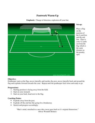Footwork Warm-Up
Emphasis: Change of direction, explosion off your line
Set-up:
Place a flag
on the
junction of
the 6 yard box
and the end
line. Place a
cone 12 yards
out from the
flag which is
the same
distance as
the penalty
spot.
Objective:
Goalkeeper starts at the flag, moves laterally and touches the post, moves laterally back and around the
flag and explodes forward towards the cone. Repeat until the goalkeeper feels loose and ready to go.
Progressions:
1. Starting position is facing away from the field.
2. Start on your stomach.
3. Start on your back, head next to the flag.
Coaching Points:
• Explode away from the post.
• Explode off the end line like going for a breakaway.
• Stretch and progress accordingly.
“Man’s mind, stretched to a new idea, never goes back to it’s original dimensions.”
-Oliver Wendell Holmes-
 