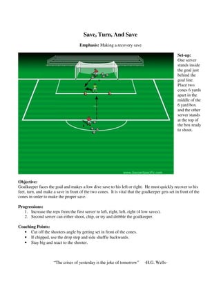 Save, Turn, And Save
Emphasis: Making a recovery save
Set-up:
One server
stands inside
the goal just
behind the
goal line.
Place two
cones 6 yards
apart in the
middle of the
6 yard box
and the other
server stands
at the top of
the box ready
to shoot.
Objective:
Goalkeeper faces the goal and makes a low dive save to his left or right. He must quickly recover to his
feet, turn, and make a save in front of the two cones. It is vital that the goalkeeper gets set in front of the
cones in order to make the proper save.
Progressions:
1. Increase the reps from the first server to left, right, left, right (4 low saves).
2. Second server can either shoot, chip, or try and dribble the goalkeeper.
Coaching Points:
• Cut off the shooters angle by getting set in front of the cones.
• If chipped, use the drop step and side shuffle backwards.
• Stay big and react to the shooter.
“The crises of yesterday is the joke of tomorrow” -H.G. Wells-
 