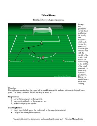 2 Goal Game
Emphasis: First touch, passing accuracy
Set-up:
The
goalkeeper
should stand
just behind
the penalty
spot.
Place two
small goals
twenty five
yards away
from the goal
line and even
with the
outside of the
penalty box.
The server
starts directly
in the middle
of the small
goals and 15
yards away
from the
goalkeeper.
The server
should have a
set of balls
close by.
Objective:
The goalkeeper must collect the errant ball as quickly as possible and pass into one of the small target
goals. The server can strike the ball any way he wants to.
Progressions:
1. Move the target goals farther up field.
2. Increase the difficulty of the errant service.
3. Make the target goals smaller.
Coaching Points:
• Never pass the ball across the goal mouth to the opposite target goal.
• Use your left and right instep drive.
“An expert is one who knows more and more about less and less” -Nicholas Murray Butler-
 