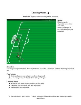 Crossing Warm-Up
Emphasis: Improve technique on high balls, warm up
Set-up:
Place two goals
diagonally across from
each other.
Place a goalkeeper in
each goal with plenty of
extra balls
Objective:
The two goalkeepers take turns throwing the ball to each other. The serves can be to the near post or back
post.
Progressions:
1. Both goalkeepers can strike crosses from the ground.
2. Add some passive attackers to distract the goalkeepers.
Coaching Points:
• Catch the ball at the highest possible catching point.
• Make the save before the near post if possible.
• Decide early, arrive on time.
“If you can dream it, you can do it. Always remember that this whole thing was started by a mouse”
-Walt Disney-
 