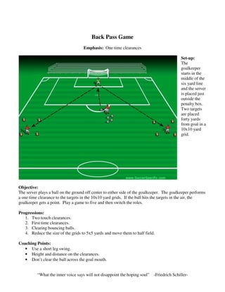 Back Pass Game
Emphasis: One time clearances
Set-up:
The
goalkeeper
starts in the
middle of the
six yard line
and the server
is placed just
outside the
penalty box.
Two targets
are placed
forty yards
from goal in a
10x10 yard
grid.
Objective:
The server plays a ball on the ground off center to either side of the goalkeeper. The goalkeeper performs
a one time clearance to the targets in the 10x10 yard grids. If the ball hits the targets in the air, the
goalkeeper gets a point. Play a game to five and then switch the roles.
Progressions:
1. Two touch clearances.
2. First time clearances.
3. Clearing bouncing balls.
4. Reduce the size of the grids to 5x5 yards and move them to half field.
Coaching Points:
• Use a short leg swing.
• Height and distance on the clearances.
• Don’t clear the ball across the goal mouth.
“What the inner voice says will not disappoint the hoping soul” -Friedrich Schiller-
 