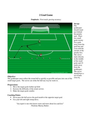 2 Goal Game
Emphasis: First touch, passing accuracy
Objective:
The goalkeeper must collect the errant ball as quickly as possible and pass into one of the
small target goals. The server can strike the ball any way he wants to.
Progressions:
1. Move the target goals farther up field.
2. Increase the difficulty of the errant service.
3. Make the target goals smaller.
Coaching Points:
• Never pass the ball across the goal mouth to the opposite target goal.
• Use your left and right instep drive.
“An expert is one who knows more and more about less and less”
-Nicholas Murray Butler-
Set-up:
The
goalkeeper
should stand
just behind
the penalty
spot. Place
two small
goals twenty
five yards
away from the
goal line and
even with the
outside of the
penalty box.
The server
starts directly
in the middle
of the small
goals and 15
yards away
from the
goalkeeper.
The server
should have a
set of balls
close by.
 