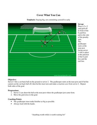 Cover What You Can
Emphasis: Staying big, not committing yourself to early
Set-up:
Place a 5 x 5
yard grid off
in front of the
6 yard box
and to the side
of the penalty
spot.
The
goalkeeper
starts at the
near post
facing server
1 who is place
at the junction
of the 6 yard
box and the
end line.
Objective:
Server 1 hits a cut back ball on the ground to server 2. The goalkeeper starts at the near post and if he/she
cannot cut the cut back ball off, then he/she must turn and make a reaction save from server 2. Repeat
both sides of the goal.
Progressions:
1. Server 2 can shoot the ball at the near post where the goalkeeper just came from.
2. Move the grid close to the goal.
Coaching Points:
• The goalkeeper must make him/her as big as possible.
• Always lead with the hands.
“Anything worth while is worth waiting for”
 