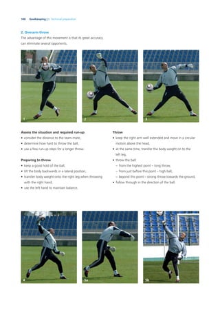 100 Goalkeeping | 3. Technical preparation
2. Overarm throw
The advantage of this movement is that its great accuracy
can eliminate several opponents.
Throw
• keep the right arm well extended and move in a circular
motion above the head,
• at the same time, transfer the body weight on to the
left leg,
• throw the ball:
– from the highest point – long throw,
– from just before this point – high ball,
– beyond this point – strong throw towards the ground,
• follow through in the direction of the ball.
Assess the situation and required run-up
• consider the distance to the team-mate,
• determine how hard to throw the ball,
• use a few run-up steps for a longer throw.
Preparing to throw
• keep a good hold of the ball,
• tilt the body backwards in a lateral position,
• transfer body weight onto the right leg when throwing
with the right hand,
• use the left hand to maintain balance.
1 2 3
4 5a 5b
 