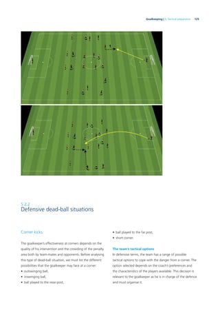 125Goalkeeping | 5. Tactical preparation
5.2.2
Defensive dead-ball situations
Corner kicks
The goalkeeper’s effectiveness at corners depends on the
quality of his intervention and the crowding of the penalty
area both by team-mates and opponents. Before analysing
this type of dead-ball situation, we must list the different
possibilities that the goalkeeper may face at a corner:
• outswinging ball,
• inswinging ball,
• ball played to the near post,
• ball played to the far post,
• short corner.
The team’s tactical options
In defensive terms, the team has a range of possible
tactical options to cope with the danger from a corner. The
option selected depends on the coach’s preferences and
the characteristics of the players available. This decision is
relevant to the goalkeeper as he is in charge of the defence
and must organise it.
 