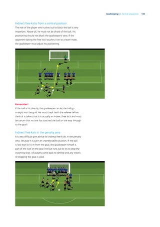 133Goalkeeping | 5. Tactical preparation
Indirect free kicks from a central position
The role of the player who rushes out to block the ball is very
important. Above all, he must not be afraid of the ball. His
positioning should not block the goalkeeper’s view. If the
opponent taking the free kick touches it on to a team-mate,
the goalkeeper must adjust his positioning.
Remember!
If the ball is hit directly, the goalkeeper can let the ball go
straight into the goal. He must check (with the referee before
the kick is taken) that it is actually an indirect free kick and must
be certain that no one has touched the ball on the way through
to the goal!
Indirect free kick in the penalty area
It is very difﬁcult give advice for indirect free kicks in the penalty
area, because it is such an unpredictable situation. If the ball
is less than 9.15 m from the goal, the goalkeeper himself is
part of the wall on the goal line but runs out to try to stop the
incoming shot. All players come back to defend and any means
of stopping the goal is valid.
 