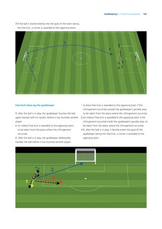 143Goalkeeping | 6. Theoretical preparation
3 If the ball is kicked directly into the goal of the team taking
the free kick, a corner is awarded to the opposing team.
Free kick taken by the goalkeeper
If, after the ball is in play, the goalkeeper touches the ball
again (except with his hands), before it has touched another
player:
• an indirect free kick is awarded to the opposing team,
to be taken from the place where the infringement
occurred,
If, after the ball is in play, the goalkeeper deliberately
handles the ball before it has touched another player:
1 A direct free kick is awarded to the opposing team if the
infringement occurred outside the goalkeeper’s penalty area,
to be taken from the place where the infringement occurred,
2 An indirect free kick is awarded to the opposing team if the
infringement occurred inside the goalkeeper’s penalty area, to
be taken from the place where the infringement occurred,
3 If, after the ball is in play, it directly enters the goal of the
goalkeeper taking the free kick, a corner is awarded to the
opposing team
 