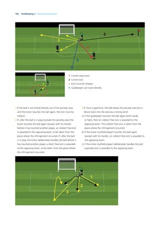 146 Goalkeeping | 6. Theoretical preparation
1 If the ball is not kicked directly out of the penalty area
and the kicker touches the ball again, the kick must be
retaken.
2 If, after the ball is in play (outside the penalty area) the
kicker touches the ball again (except with his hands)
before it has touched another player, an indirect free kick
is awarded to the opposing team, to be taken from the
place where the infringement occurred. If, after the ball
is in play, the kicker deliberately handles the ball before it
has touched another player, a direct free kick is awarded
to the opposing team, to be taken from the place where
the infringement occurred.
3 If, from a goal kick, the ball leaves the penalty area but is
blown back into the area by a strong wind:
a) if the goalkeeper touches the ball again (with hands
or feet), then an indirect free kick is awarded to the
opposing team. This indirect free kick is taken from the
place where the infringement occurred.
b) if the kicker (outﬁeld player) touches the ball again
(except with his hands), an indirect free kick is awarded to
the opposing team,
c) if the kicker (outﬁeld player) deliberately handles the ball,
a penalty kick is awarded to the opposing team.
1 Correct execution
2 Corner kick
3 Kick must be retaken
4 Goalkeeper can score directly
 