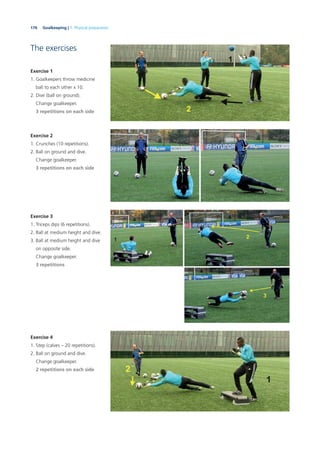 176 Goalkeeping | 7. Physical preparation
The exercises
Exercise 1
1. Goalkeepers throw medicine
ball to each other x 10.
2. Dive (ball on ground).
Change goalkeeper.
3 repetitions on each side
Exercise 2
1. Crunches (10 repetitions).
2. Ball on ground and dive.
Change goalkeeper.
3 repetitions on each side
Exercise 3
1. Triceps dips (6 repetitions).
2. Ball at medium height and dive.
3. Ball at medium height and dive
on opposite side.
Change goalkeeper.
3 repetitions
Exercise 4
1. Step (calves – 20 repetitions).
2. Ball on ground and dive.
Change goalkeeper.
2 repetitions on each side
 