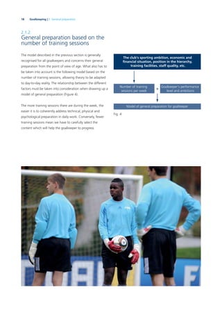 18 Goalkeeping | 2. General preparation
2.1.2
General preparation based on the
number of training sessions
The model described in the previous section is generally
recognised for all goalkeepers and concerns their general
preparation from the point of view of age. What also has to
be taken into account is the following model based on the
number of training sessions, allowing theory to be adapted
to day-to-day reality. The relationship between the different
factors must be taken into consideration when drawing up a
model of general preparation (Figure 4).
The more training sessions there are during the week, the
easier it is to coherently address technical, physical and
psychological preparation in daily work. Conversely, fewer
training sessions mean we have to carefully select the
content which will help the goalkeeper to progress.
Number of training
sessions per week
Model of general preparation for goalkeeper
Goalkeeper's performance
level and ambitions
Fig. 4
+
 