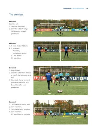 53Goalkeeping | 3. Technical preparation
The exercises
Exercise 1
Catch the ball.
1. Catch the ball (volley).
2. Catch the ball (half-volley).
10-14 catches for each
goalkeeper
Exercise 2
A. 1. Catch the ball (10 balls).
B. 1. Movement:
• directed,
• goalkeeper decides.
2. Catch the ball.
4-6 repetitions
Exercise 3
1. Move forward.
2. Catch the ball (in front of head,
at midriff, after a bounce, aerial,
etc.).
3. Move back, change to second
goalkeeper (then third, etc.).
8 repetitions for each
goalkeeper
Exercise 4
1. Catch the ball in front of head.
2. Short movement.
3. Catch the ball with “bent legs”.
4. Short movement.
4-5 repetitions on each side
A B
 