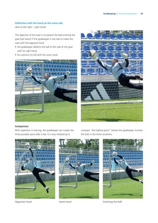 65Goalkeeping | 3. Technical preparation
Same hand
Deﬂection with the hand on the same side
(dive to the right – right hand)
The objective of this save is to prevent the ball entering the
goal (last resort) if the goalkeeper is too late to make the
save with the opposite hand.
• the goalkeeper deﬂects the ball to the side of the goal
with his right hand,
• he cushions his fall with the same hand.
Comparison
With repetition in training, the goalkeeper can master the
three possible saves after a lob. It is very interesting to
Opposite hand Catching the ball
compare “the highest point” (where the goalkeeper touches
the ball) in the three situations.
 