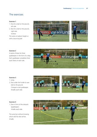 67Goalkeeping | 3. Technical preparation
The exercises
Exercise 1
1. Dive for a ball on the ground,
left side.
2. Dive for a ball on the ground,
right side.
6 dives
The same at medium height or
with a bouncing ball.
Exercise 2
A series of dives for three
goalkeepers in the form of a relay.
Each goalkeeper completes three
quick dives on each side.
Exercise 3
1. Jump.
2. Dive under the hurdle to save
ball on the ground.
Change to next goalkeeper.
8 balls each side
Exercise 4
1. Dive in front of the obstacle
(goalkeeper).
4 balls each side
The same but without knowing
which side the dive will be.
4 balls
 