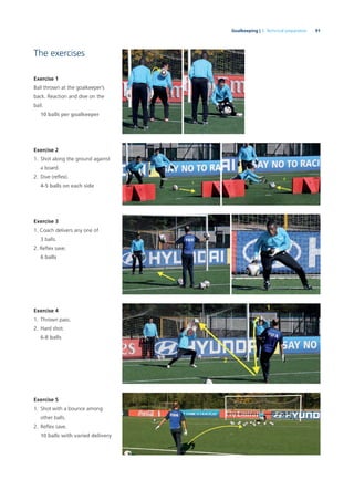 91Goalkeeping | 3. Technical preparation
The exercises
Exercise 1
Ball thrown at the goalkeeper’s
back. Reaction and dive on the
ball.
10 balls per goalkeeper
Exercise 2
1. Shot along the ground against
a board.
2. Dive (reﬂex).
4-5 balls on each side
Exercise 3
1. Coach delivers any one of
3 balls.
2. Reﬂex save.
6 balls
Exercise 4
1. Thrown pass.
2. Hard shot.
6-8 balls
Exercise 5
1. Shot with a bounce among
other balls.
2. Reﬂex save.
10 balls with varied delivery
 