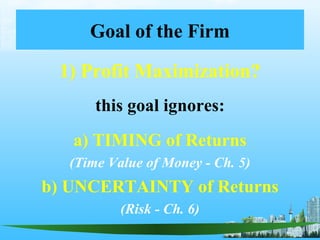 Goal of the Firm
1) Profit Maximization?
this goal ignores:
a) TIMING of Returns
(Time Value of Money - Ch. 5)
b) UNCERTAINTY of Returns
(Risk - Ch. 6)
 