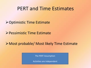 PERT and Time Estimates
Optimistic Time Estimate
Pessimistic Time Estimate
Most probable/ Most likely Time Estimate
The PERT Assumption
Activities are independent
 