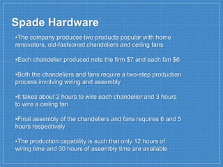▪The company produces two products popular with home
renovators, old-fashioned chandeliers and ceiling fans
▪Each chandelier produced nets the firm $7 and each fan $6
▪Both the chandeliers and fans require a two-step production
process involving wiring and assembly
▪It takes about 2 hours to wire each chandelier and 3 hours
to wire a ceiling fan
▪Final assembly of the chandeliers and fans requires 6 and 5
hours respectively
▪The production capability is such that only 12 hours of
wiring time and 30 hours of assembly time are available
Spade Hardware
 