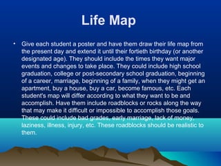 Life Map
•

Give each student a poster and have them draw their life map from
the present day and extend it until their fortieth birthday (or another
designated age). They should include the times they want major
events and changes to take place. They could include high school
graduation, college or post-secondary school graduation, beginning
of a career, marriage, beginning of a family, when they might get an
apartment, buy a house, buy a car, become famous, etc. Each
student's map will differ according to what they want to be and
accomplish. Have them include roadblocks or rocks along the way
that may make it difficult or impossible to accomplish those goals.
These could include bad grades, early marriage, lack of money,
laziness, illness, injury, etc. These roadblocks should be realistic to
them.

 