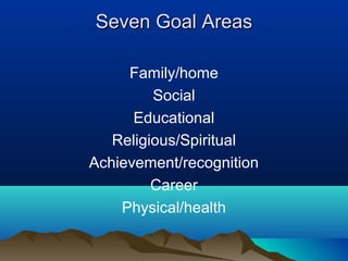 Seven Goal Areas
Family/home
Social
Educational
Religious/Spiritual
Achievement/recognition
Career
Physical/health

 