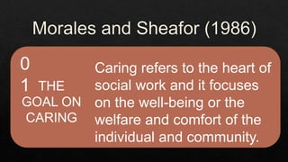 0
1 THE
GOAL ON
CARING
Caring refers to the heart of
social work and it focuses
on the well-being or the
welfare and comfort of the
individual and community.
 