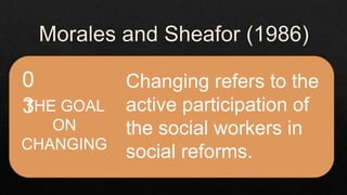 0
3
THE GOAL
ON
CHANGING
Changing refers to the
active participation of
the social workers in
social reforms.
 