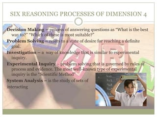 SIX REASONING PROCESSES OF DIMENSION 4
Decision Making – process of answering questions as “What is the best
way to?” “Which of these is most suitable?”
Problem Solving – refers to a state of desire for reaching a definite
goal.
Investigation – a way of knowledge that is similar to experimental
inquiry.
Experimental Inquiry – problem solving that is governed by rules of
process and evidence. The most well-known type of experimental
inquiry is the “Scientific Method”
System Analysis – is the study of sets of
interacting
 