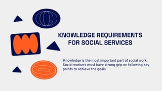 KNOWLEDGE REQUIREMENTS
FOR SOCIAL SERVICES
Knowledge is the most important part of social work.
Social workers must have strong grip on following key
points to achieve the goals
 