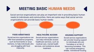 MEETING BASIC HUMAN NEEDS
FOOD ASSISTANCE
Social service organizations can
offer food assistance programs,
such as food banks or soup
kitchens, to help individuals who
are struggling with food
insecurity.
HEALTHCARE ACCESS
Social service organizations
can help individuals access
healthcare services, such as
medical care, mental health
services, and substance abuse
treatment.
HOUSING SUPPORT
Social service organizations
can provide housing support
to individuals who are
homeless or at risk of
becoming homeless. This
can include emergency
shelter, transitional housing.
Social service organizations can play an important role in providing basic human
needs to individuals and communities. Here are some ways that social service
organizations can provide basic human needs:
 