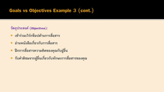 วัตถุประสงค์ (Objectives):
 เข้าร่วมเวิร์กช็อปด้านการสื่อสาร
 อ่านหนังสือเกี่ยวกับการสื่อสาร
 ฝึกการสื่อสารความคิดของคุณกับผู้อื่น
 รับคาติชมจากผู้อื่นเกี่ยวกับทักษะการสื่อสารของคุณ
 