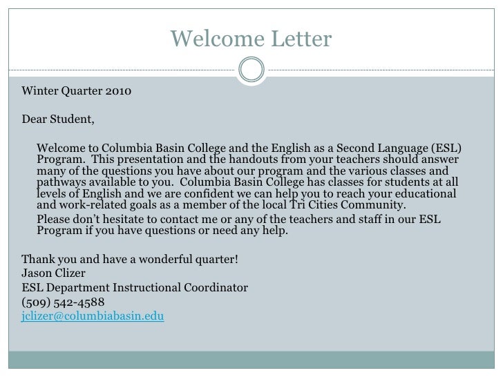 esl goals and orientation welcome letter to college students