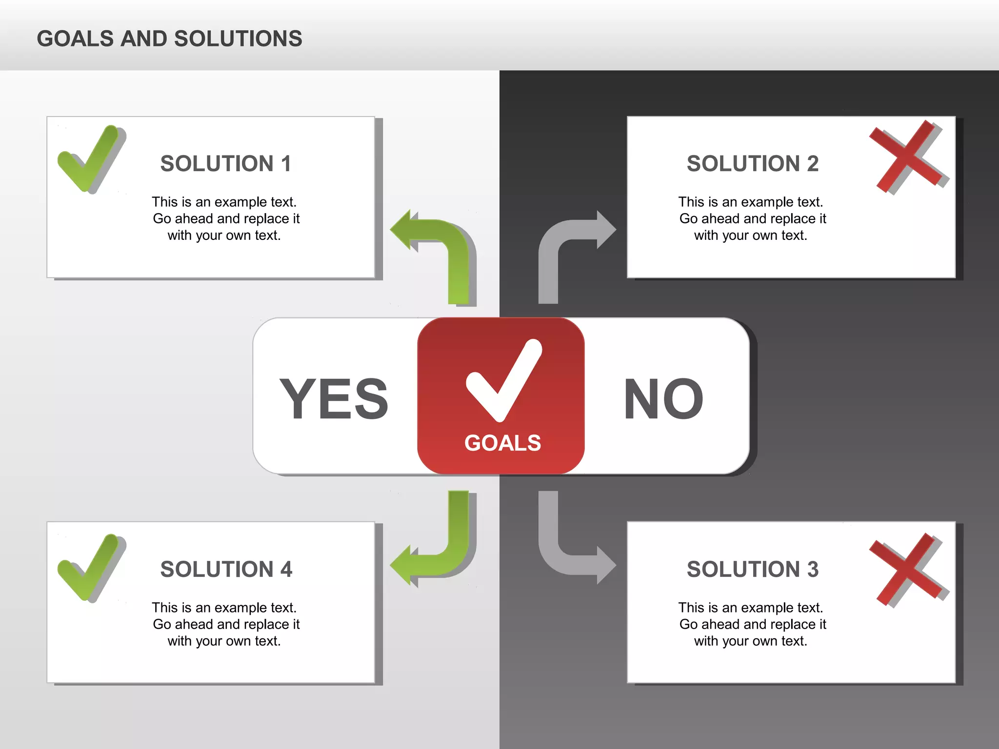 GOALS AND SOLUTIONS
YES NO
GOALS
This is an example text.
Go ahead and replace it
with your own text.
SOLUTION 1
This is an example text.
Go ahead and replace it
with your own text.
SOLUTION 2
This is an example text.
Go ahead and replace it
with your own text.
SOLUTION 4
This is an example text.
Go ahead and replace it
with your own text.
SOLUTION 3
 