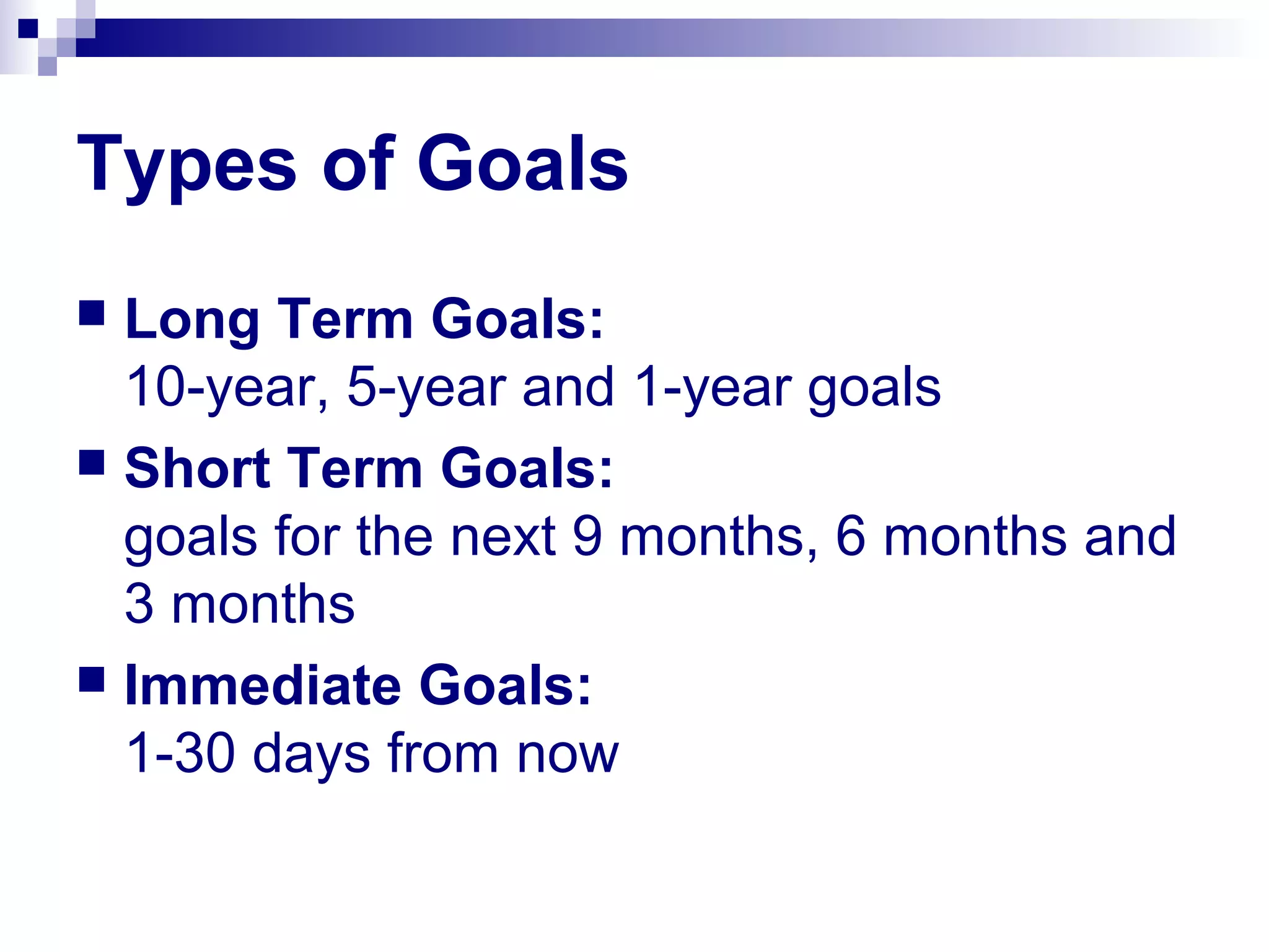 Types of Goals
 Long Term Goals:
10-year, 5-year and 1-year goals
 Short Term Goals:
goals for the next 9 months, 6 months and
3 months
 Immediate Goals:
1-30 days from now
 