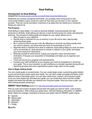 Goal Setting
Introduction to Goal Setting:
(adapted from http://www.careers.unsw.edu.au/careerEd/planning/act/goalSetting....