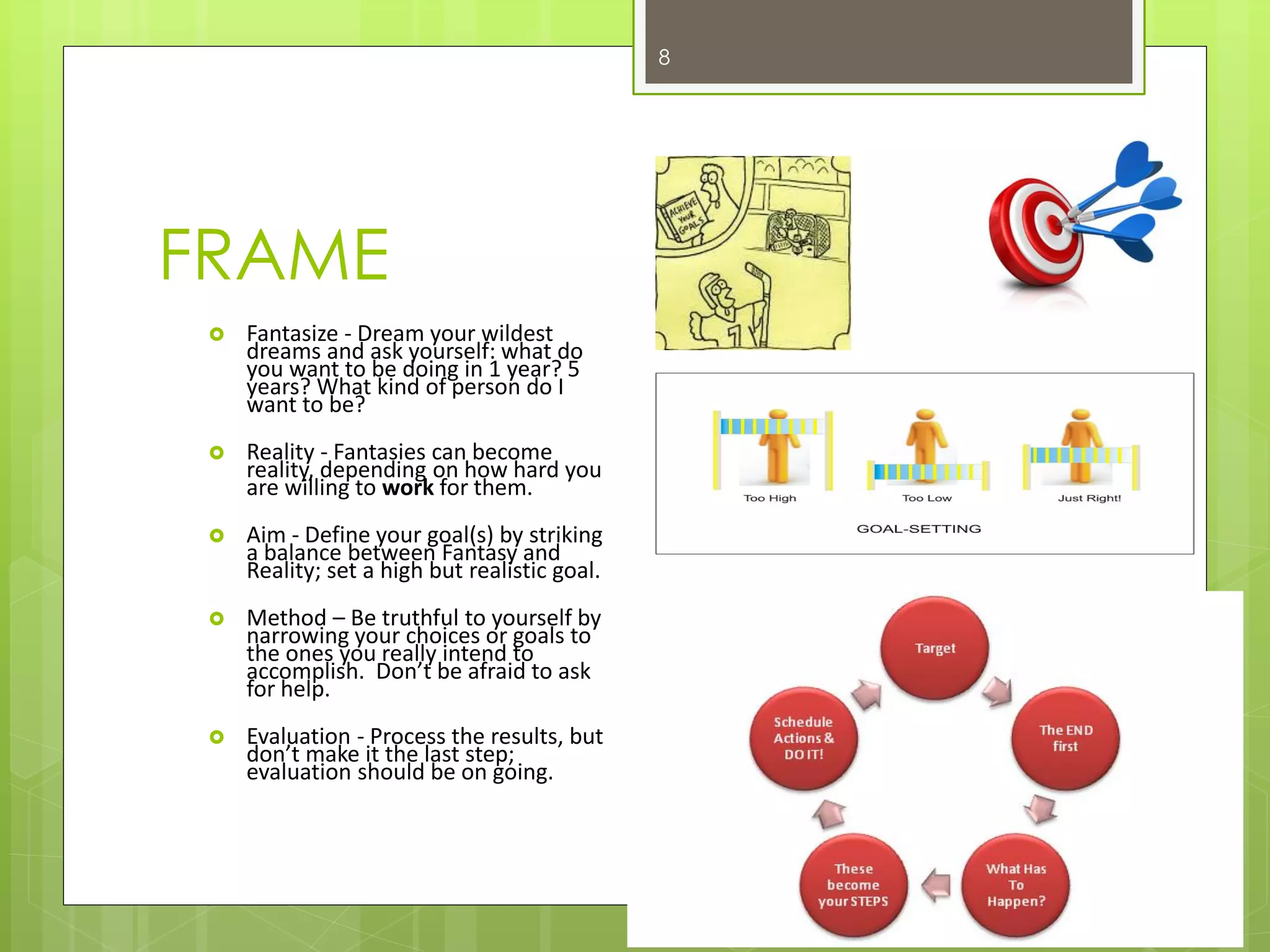 FRAME 
8 
Fantasize - Dream your wildest dreams and ask yourself: what do you want to be doing in 1 year? 5 years? What kind of person do I want to be? 
Reality - Fantasies can become reality, depending on how hard you are willing to work for them. 
Aim - Define your goal(s) by striking a balance between Fantasy and Reality; set a high but realistic goal. 
Method – Be truthful to yourself by narrowing your choices or goals to the ones you really intend to accomplish. Don’t be afraid to ask for help. 
Evaluation - Process the results, but don’t make it the last step; evaluation should be on going.  