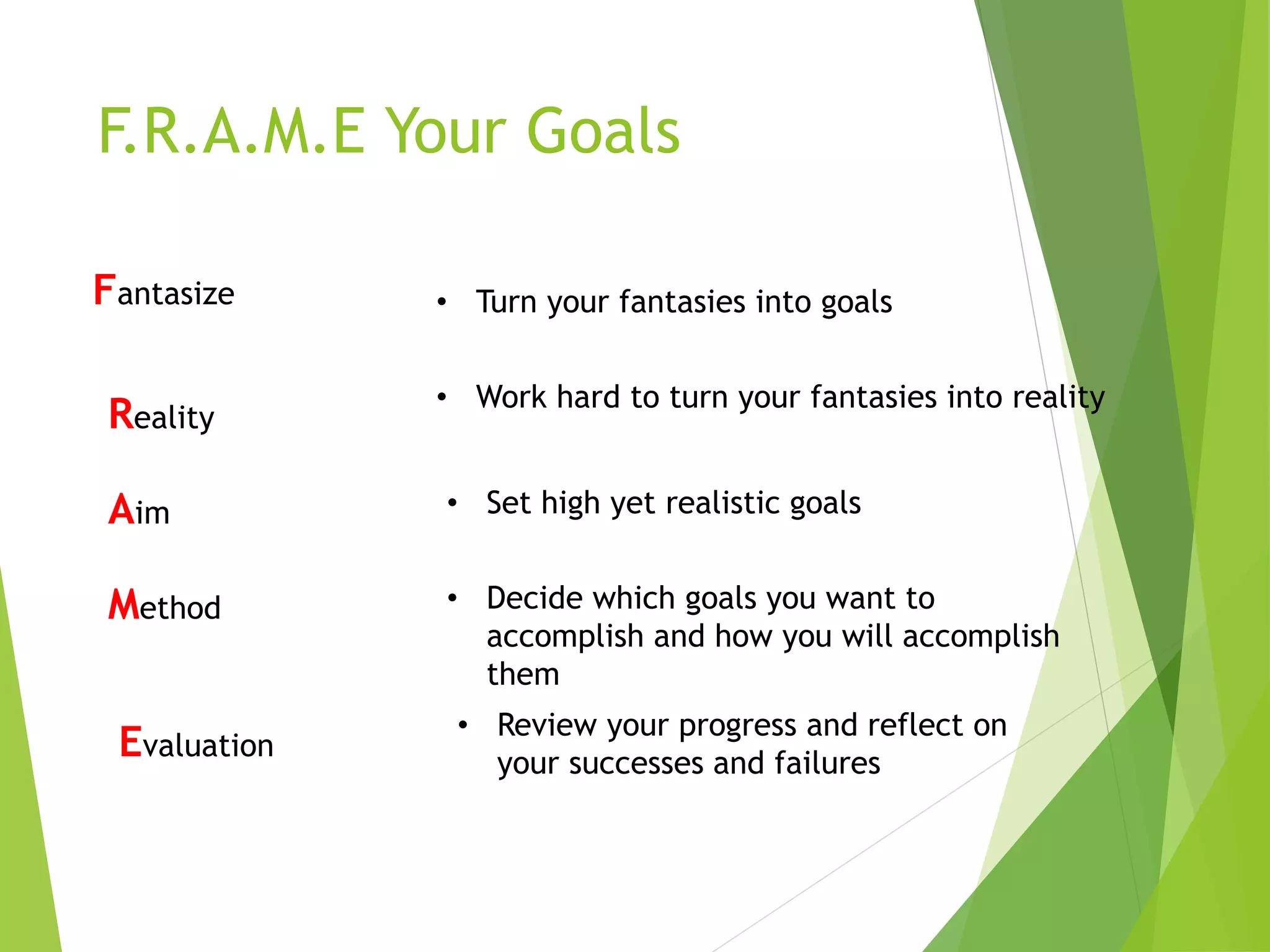 F.R.A.M.E Your Goals
Fantasize • Turn your fantasies into goals
Reality
• Work hard to turn your fantasies into reality
Aim • Set high yet realistic goals
Method • Decide which goals you want to
accomplish and how you will accomplish
them
Evaluation
• Review your progress and reflect on
your successes and failures
 