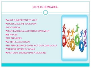 STEPS TO REMEMBER..
WHAT IS IMPORTANT TO YOU?
YOUR GOALS ARE YOUR OWN
MOTIVATION.
STATE EACH GOAL ASPOSITIVE STATEMENT
BE PRECISE
SET PRIORITIES
WHRITE GOALS DOWN
SET PERFORMANCE GOALS NOT OUTCOME GOALS
PERIODIC REVIEW OFGOALS
EACH GOALSHOULD HAVE A DEADLINE
 