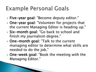  Five-year goal: "Become deputy editor."
 One-year goal: "Volunteer for projects that
the current Managing Editor is heading up."
 Six-month goal: "Go back to school and
finish my journalism degree."
 One-month goal: "Talk to the current
managing editor to determine what skills are
needed to do the job."
 One-week goal: "Book the meeting with the
Managing Editor."
 