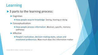 Learning
3 parts to the learning process:
 Cognition
How people acquire knowledge: Seeing, hearing or doing
 Conceptualization
How people process information: Abstract, specific, memory
pathways
 Affective
People’s motivation, decision-making styles, values and
emotional preferences: How much does this information matter
Copyright 2008-2012 AllCEUs, a subsidiary of CDS Ventures, LLC
 