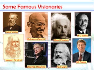 27
Some Famous Visionaries
Jules Verne
H G Wells
Mahatma Gandhi
Bill Gates
Leonard Di Vinci
Albert Einstein
Stephan Hawking Karl Marx
 