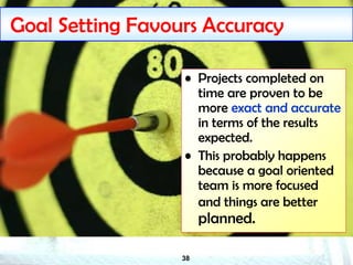 38
Goal Setting Favours Accuracy
• Projects completed on
time are proven to be
more exact and accurate
in terms of the results
expected.
• This probably happens
because a goal oriented
team is more focused
and things are better
planned.
 