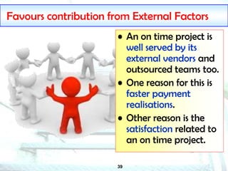 39
Favours contribution from External Factors
• An on time project is
well served by its
external vendors and
outsourced teams too.
• One reason for this is
faster payment
realisations.
• Other reason is the
satisfaction related to
an on time project.
 