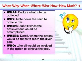 46
What-Why-When-Where-Who-How-How Much? -1
• WHAT: Declare what is to be
achieved.
• WHY: Note down the need to
achieve this.
• WHEN: Plan till when the
achievement would be
accomplished.
• WHERE: Detail, where the actions
would be taken to reach the given
goal.
• WHO: Who all would be involved
in the action to achieve the goal.
 