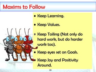 51
Maxims to Follow
• Keep Learning.
• Keep Values.
• Keep Toiling (Not only do
hard work, but do harder
work too).
• Keep eyes set on Goals.
• Keep Joy and Positivity
Around.
 