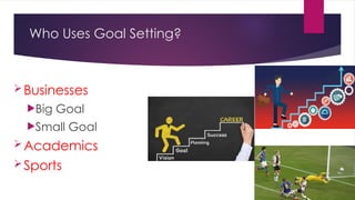 Who Uses Goal Setting?
Businesses
Big Goal
Small Goal
Academics
Sports
 