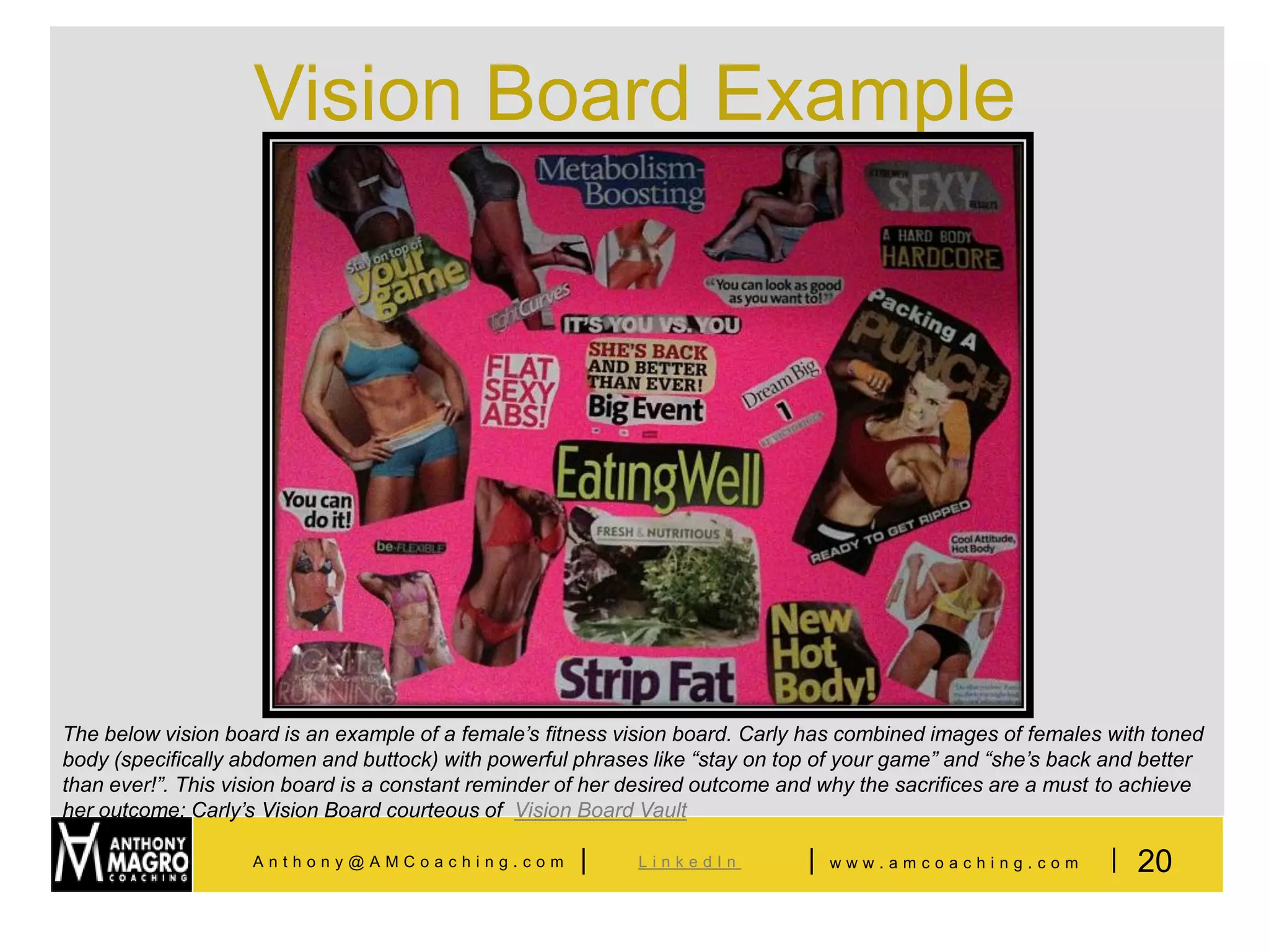 Vision Board Example




The below vision board is an example of a female’s fitness vision board. Carly has combined images of females with toned
body (specifically abdomen and buttock) with powerful phrases like “stay on top of your game” and “she’s back and better
than ever!”. This vision board is a constant reminder of her desired outcome and why the sacrifices are a must to achieve
her outcome; Carly’s Vision Board courteous of Vision Board Vault

                    Anthony@AMCoaching.com            |      LinkedIn          |   www.amcoaching.com          | 20
 