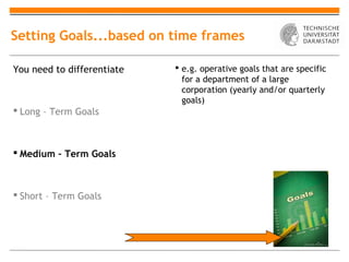 Setting Goals...based on time frames

You need to differentiate    e.g. operative goals that are specific
                              for a department of a large
                              corporation (yearly and/or quarterly
                              goals)
 Long – Term Goals



 Medium – Term Goals



 Short – Term Goals
 