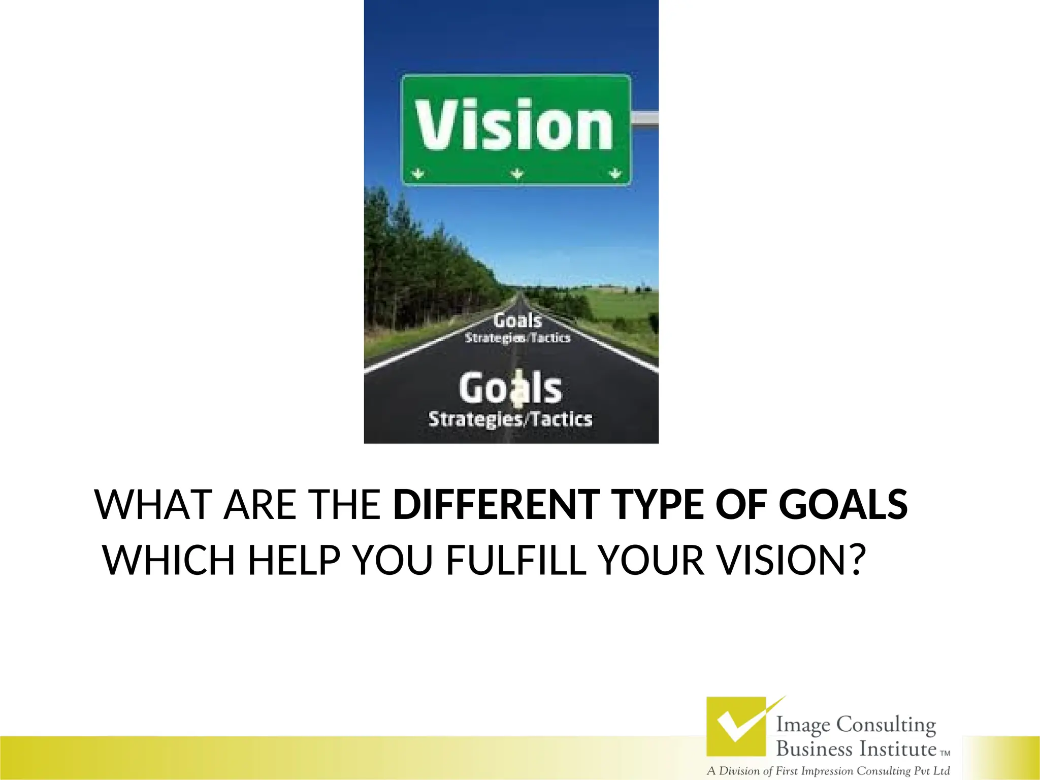 WHAT ARE THE DIFFERENT TYPE OF GOALS
WHICH HELP YOU FULFILL YOUR VISION?
 